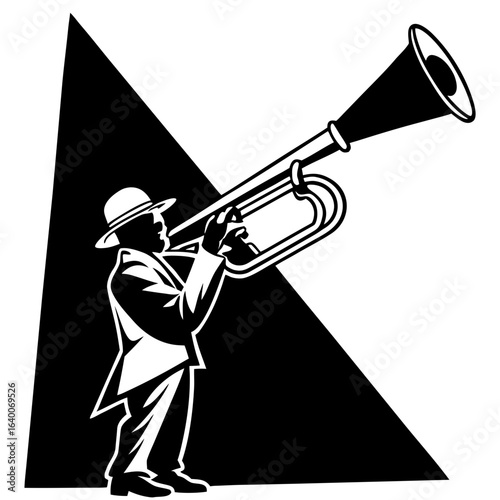 Silhouette of a jazz musician playing a trumpet against a stark background