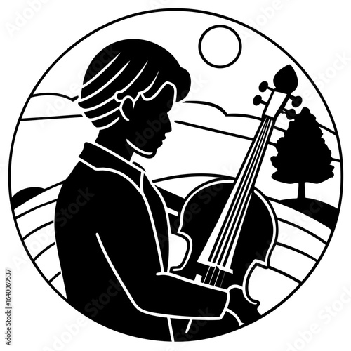 Silhouette of a cellist playing music in a scenic landscape