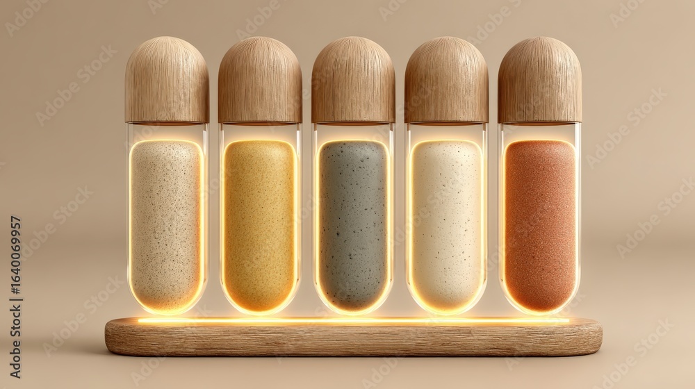 Obraz premium Minimalist 3D carousel showcasing artisan test tubes filled with tinted creams