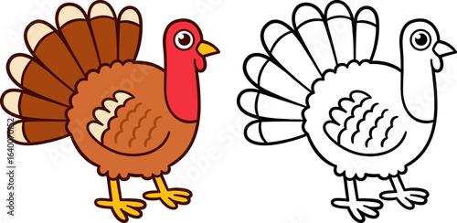 Cute cartoon turkey drawing, funny fat Thanksgiving bird. Color illustration and black and white line art for coloring. Hand drawn vector clipart.