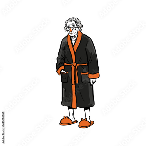 Elderly man standing in bathrobe and slippers with a relaxed expression  