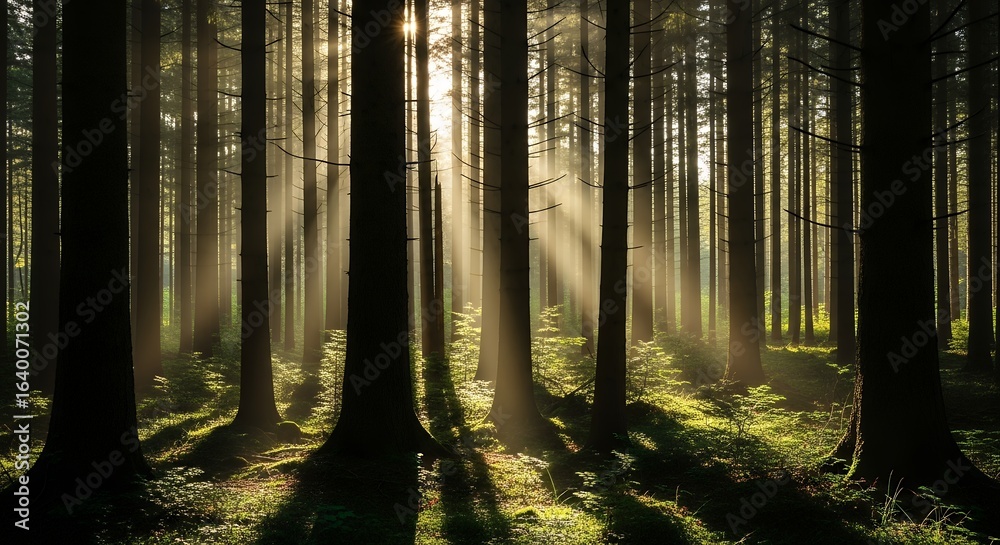 Fototapeta premium Sunbeams Through Forest Trees Majestic Woodland Scene Nature Photography Scenic Landscape Golden Light Atmospheric Forest Imagery