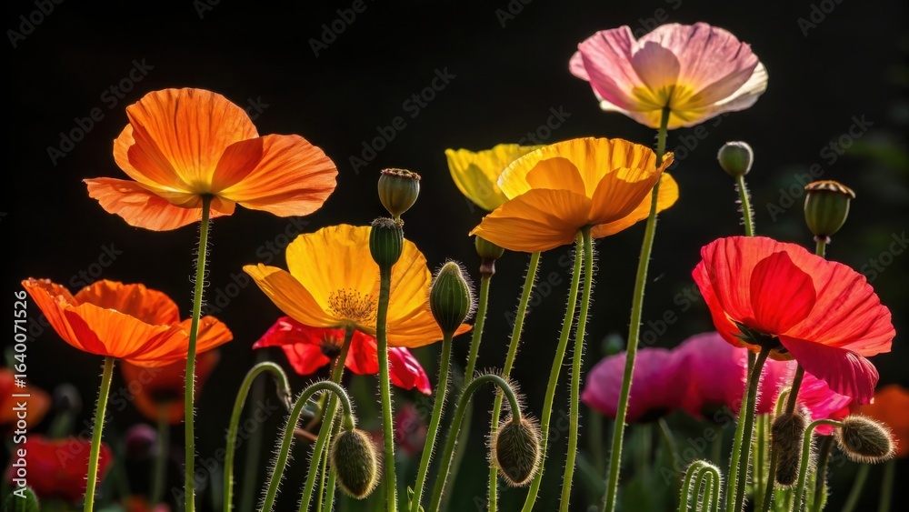 Fototapeta premium Vibrant poppies bloom in soft sunlight against dark background