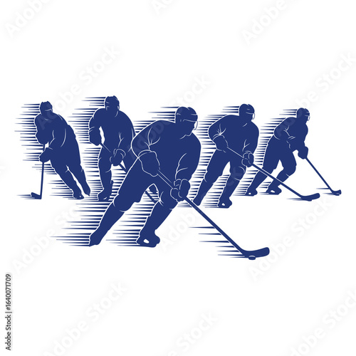 Dynamic Blue Silhouettes of Hockey Players in Action on White Background
