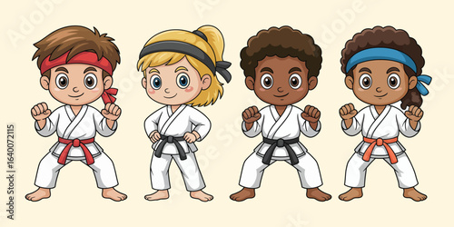Vector Cartoon Illustration of Multicultural Kids Performing Martial Arts Poses, Diverse Children in Uniform Practicing Karate or Taekwondo, Action-Packed Scene for Sports and Education

