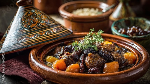 Tagine in Morocco is a slow-cooked stew flavored with fragrant spices, tender meats, and fresh vegetables, simmered to perfection in a conical clay pot.
