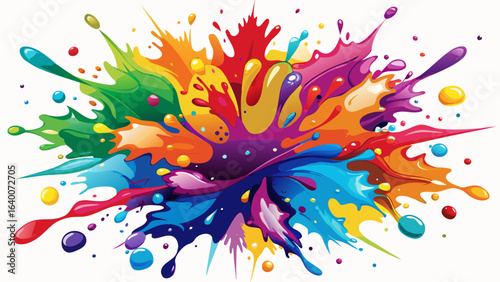 A vibrant and energetic display of colorful paint splashes against a stark white background, vivid tones, dynamic movement, artistic chaos, bold composition, fluid shapes, modern creative expression.