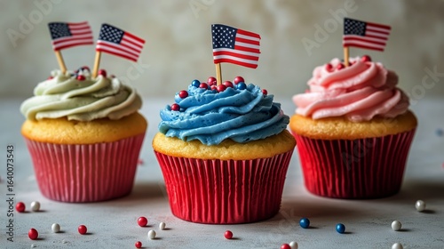 Colorful Cupcakes Topped With Flags Celebrating a Holiday in a Creative Desse...