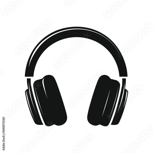 Black headphones icon illustration on white background for music and podcasting