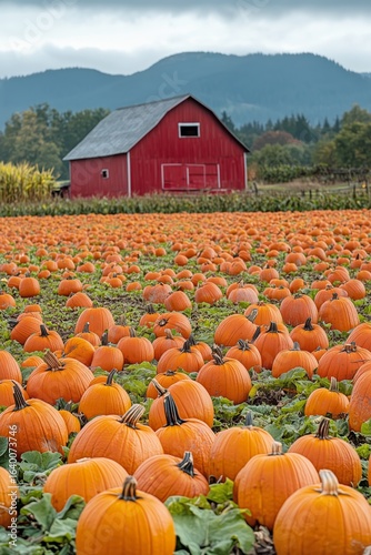 Expansive Pumpkin Field With a Red Barn During Autumn in a Rural Landscape