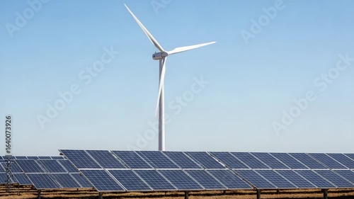 A wind turbine and solar panels showcase renewable energy.