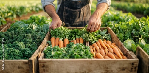 Fresh Vegetables Being Harvested in a Garden During Early Morning Light.