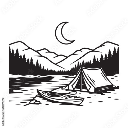 Camping by the lake with a kayak under the crescent moon and mountains