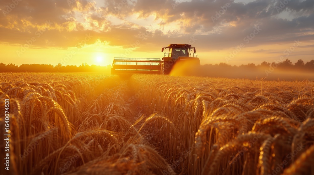 Fototapeta premium Harvesting Wheat at Sunset With Combines Working in Golden Fields Near a Tranquil Horizon.