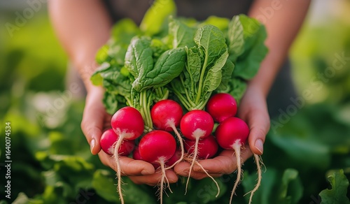 Freshly Harvested Radishes With Greens Held by Hands in a Vibrant Garden Setting