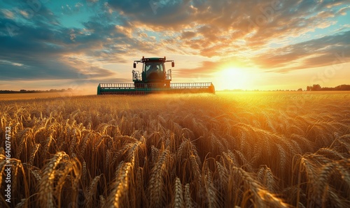 Golden Wheat Field Harvest at Sunset With a Combine Harvester Working in the ...