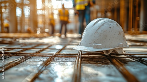 Construction Site With Hard Hat on Steel Reinforcement Bars During Daylight H...