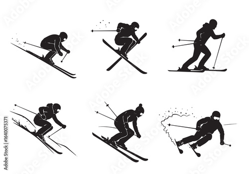 Six Silhouette Illustrations of Skiers in Action on White Background