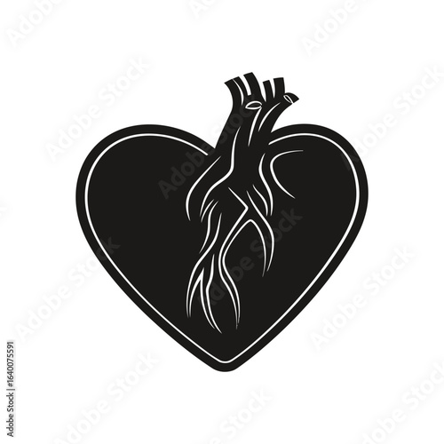 Heart shaped icon with veins inside, black on white background for medical designs