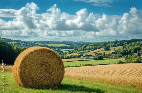 Rolling Hay Bales on a Vibrant Farm Landscape Under a Blue Sky With Fluffy Cl...