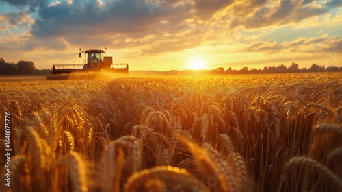Harvesting Wheat at Sunset in a Golden Field With Vibrant Clouds in the Backg...