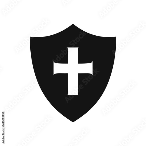 Black shield with centered white cross illustration on a white background
