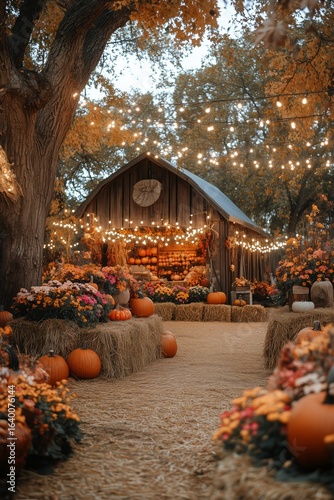 Stunning Autumn Market Showcases Vibrant Pumpkins and Flowers Under Festive L...