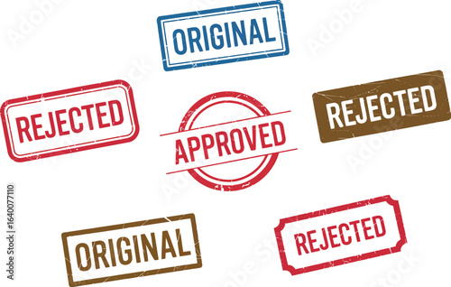 Red and Blue Rubber Stamp Set with Rejected Approved and Original Labels Isolated on White Background Vector