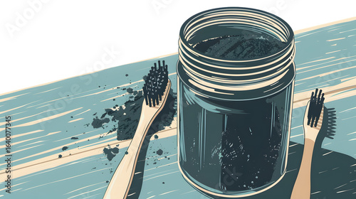 Activated Charcoal Tooth Powder and Toothbrush in Jar - Dental Hygiene Concept