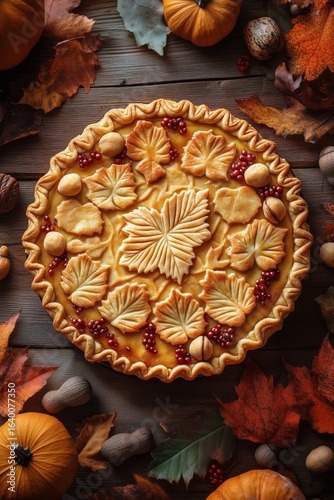 Delicious Autumn Pie Decorated With Leaves and Berries Placed on a Wooden Tab...