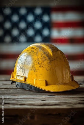 Construction Hard Hat Against a Backdrop of an American Flag in a Rustic Indo...
