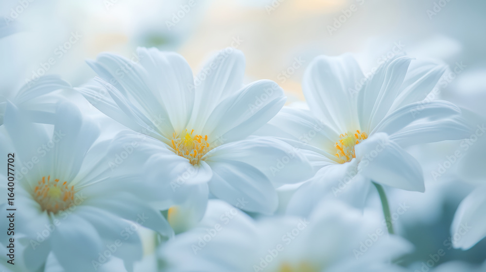 Obraz premium Close up of white flowers with soft yellow highlights, creating serene and delicate atmosphere. petals are lush and inviting, embodying tranquility and beauty in nature