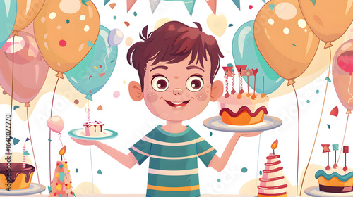 Joyful Kid Boy Holding Birthday Cake - Cute Illustration for Celebrations