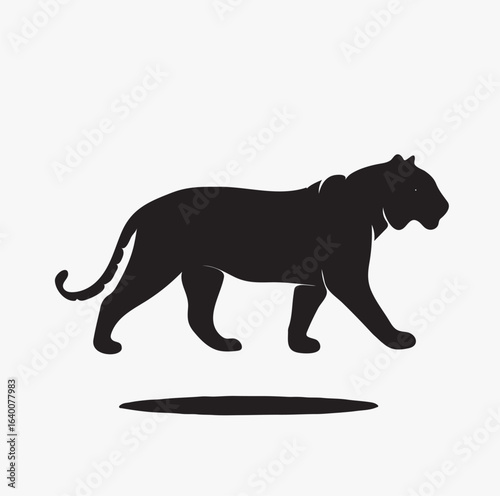 Black silhouette of a walking tiger on a white background