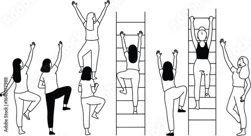 Illustration of women climbing ladders, symbolizing career growth, teamwork, and achieving goals, a metaphor for success and progress