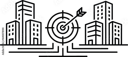 An arrow hitting the target in front of city buildings, symbolizing business success