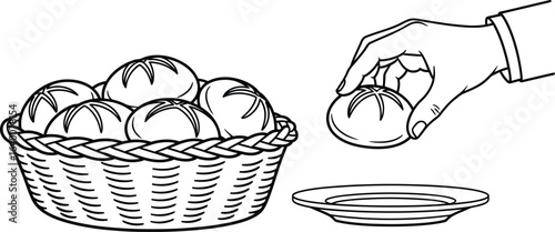 A hand is taking a roll from a basket of rolls and placing it a plate the bread looks fresh and delicious for a meal