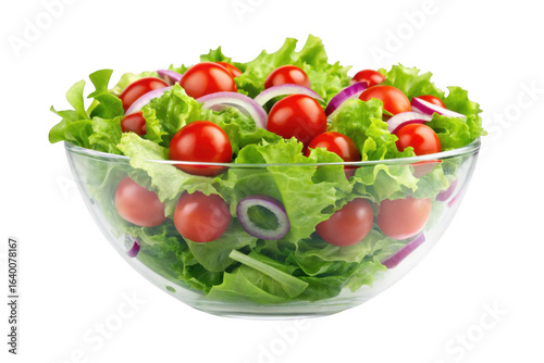Fresh garden salad in a clear glass bowl isolated on transparent background