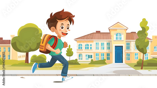 Cheerful Kid Boy Running to School in a Playful Cartoon Illustration