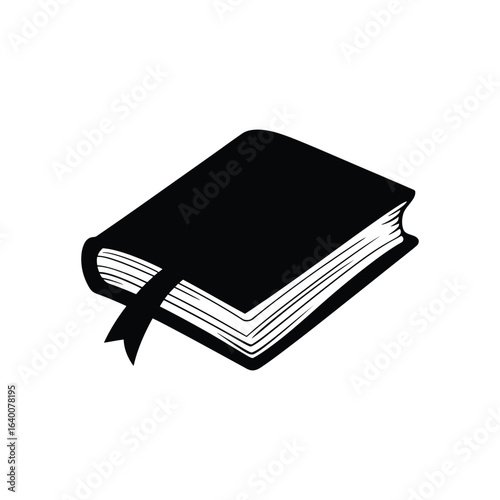 Black hardcover book icon with ribbon bookmark on white background