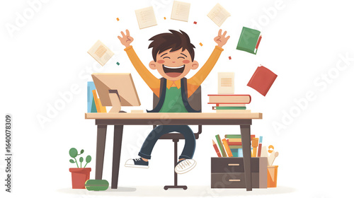 Joyful Kid Student Celebrating Excellent Exam Result with High Grade