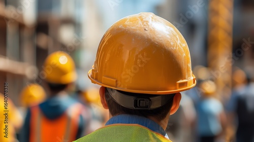 Construction Workers in Bright Helmets Working on a Busy City Site During the...