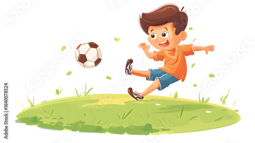 Young happy boy enjoying playing football illustration