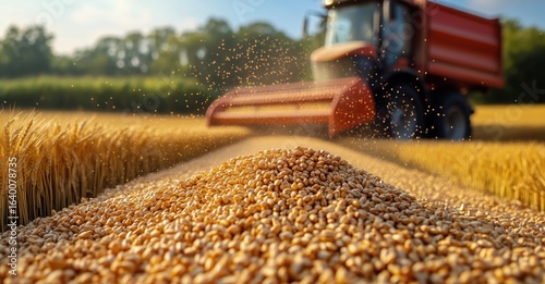 Harvesting Wheat With a Loader on a Sunny Day in Golden Fields.