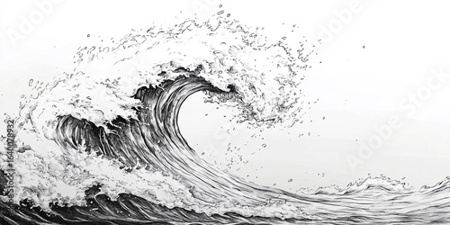 Thunderous wave collapse in midair, ink sketch linework capturing explosive ocean energy, natural flow and splash in perfect visual rhythm