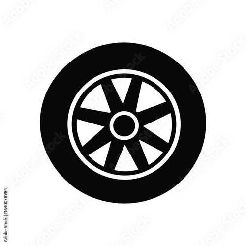 Black and white vehicle tire icon with eight spoke design