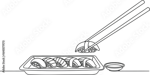 Illustration of sushi with chopsticks, a minimalist and elegant design featuring traditional japanese cuisine with a focus simplicity