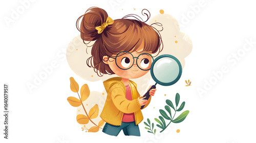 Young Girl Student Exploring with Magnifying Glass
