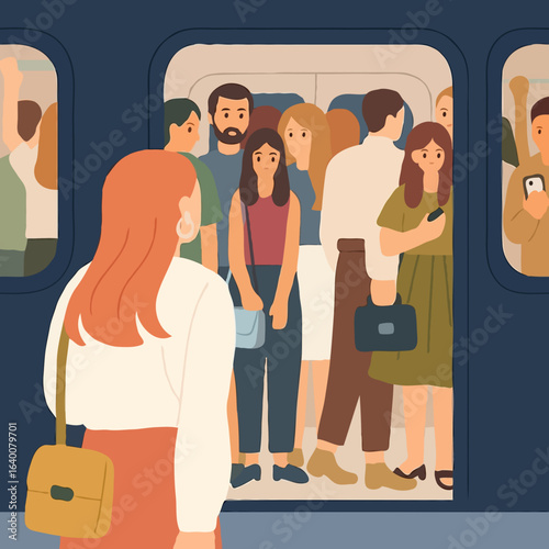 Woman looking at crowded subway train during rush hour commuting  