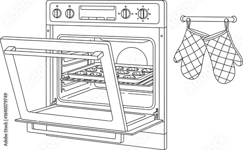 Illustration of an oven with open door and oven mitts hanging a rack the kitchen appliance is ready for cooking and baking